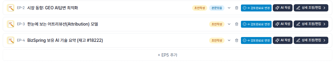회차마다 작성 상태가 붙고, AI 작성 · 검토완료 · 상세 편집을 회차 단위로 합니다